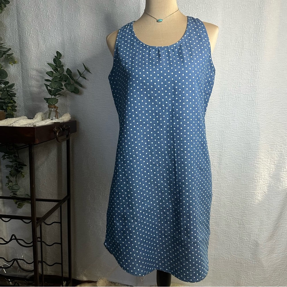 Peach Love California Blue with White Polka Dot Sleeveless Summer Dress/ Medium